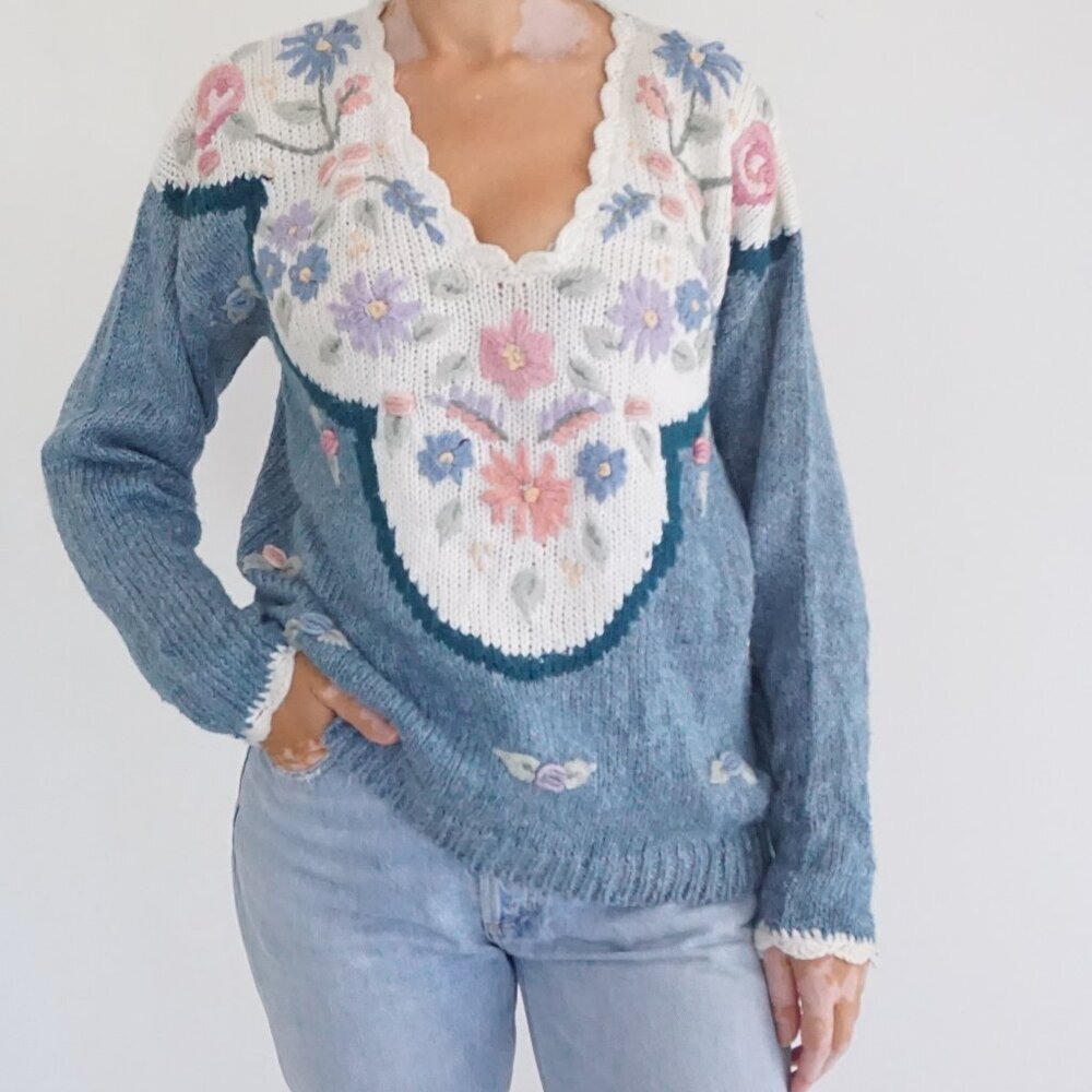 Blue Floral V-Neck Knit Sweater